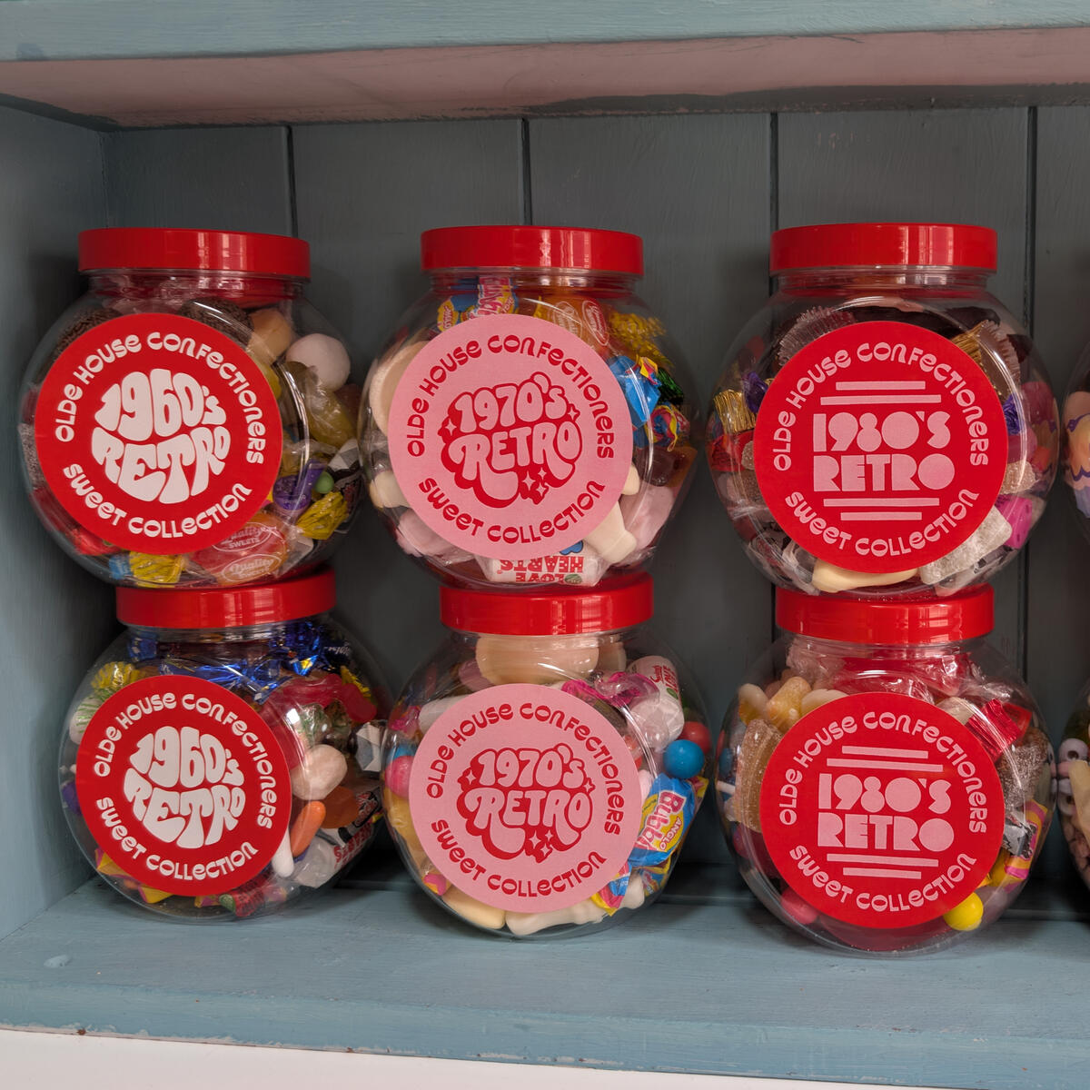Retro sweets in assorted gift jars, including 1960s, 1970s, and 1980s style sweets.